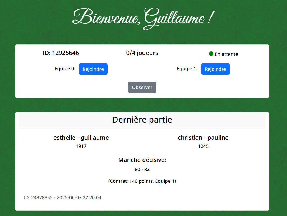 Interface de sélection de partie